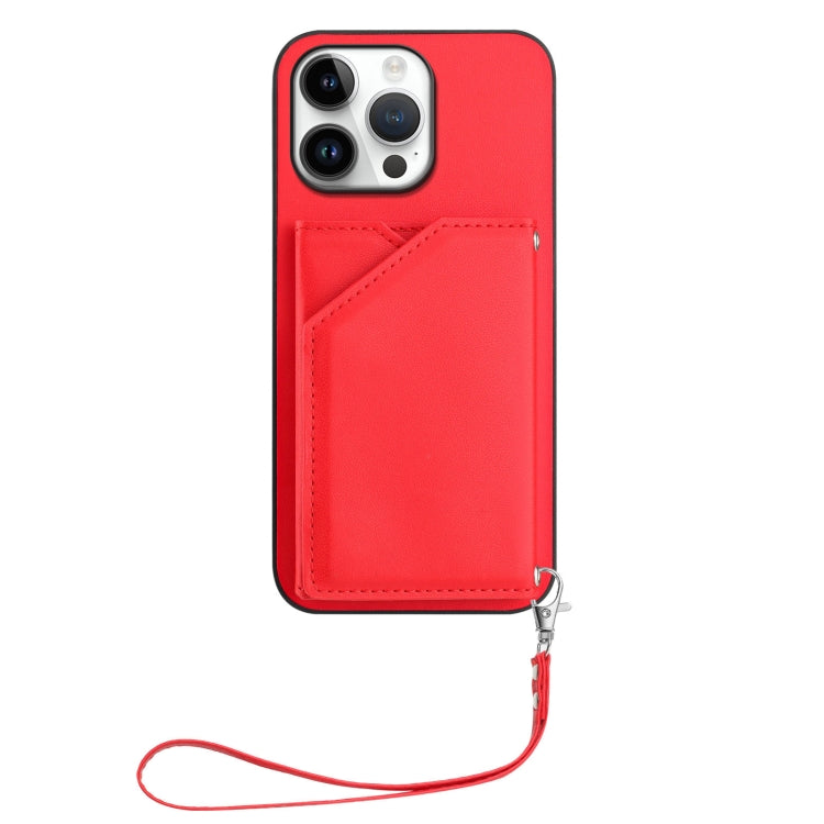For iPhone 16 Pro Max Skin Feel Four Card Slots Phone Case with Wrist Strap