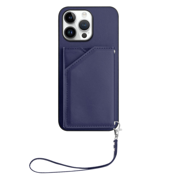 For iPhone 16 Pro Max Skin Feel Four Card Slots Phone Case with Wrist Strap