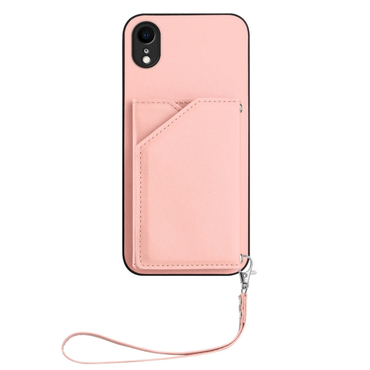 For iPhone XR Skin Feel Four Card Slots Phone Case with Wrist Strap