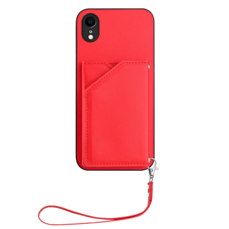 For iPhone XR Skin Feel Four Card Slots Phone Case with Wrist Strap