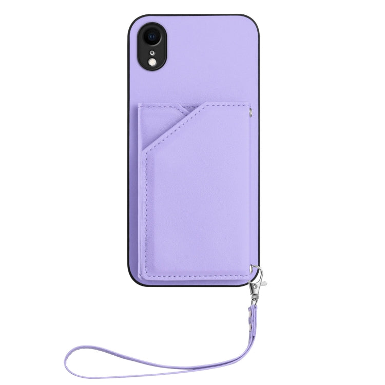 For iPhone XR Skin Feel Four Card Slots Phone Case with Wrist Strap