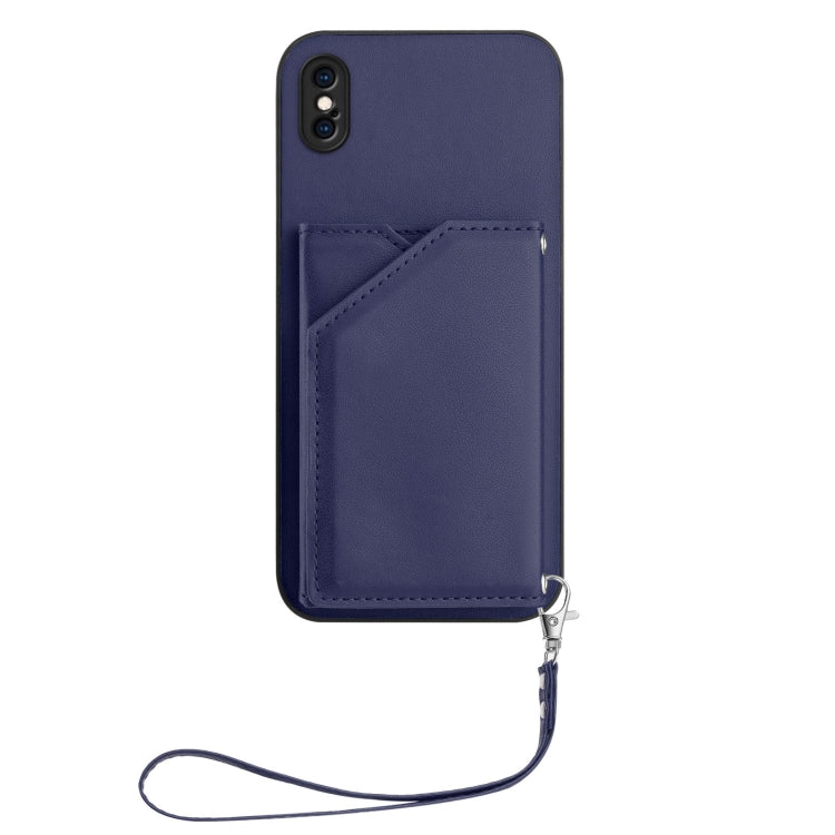 For iPhone XS Max Skin Feel Four Card Slots Phone Case with Wrist Strap