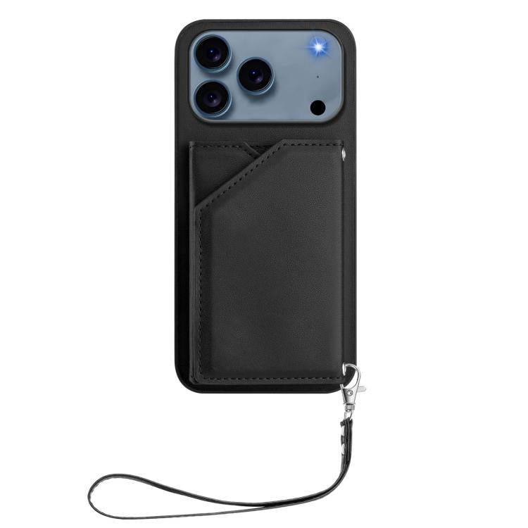 For iPhone 17 Pro Skin Feel Four Card Slots Phone Case with Wrist Strap