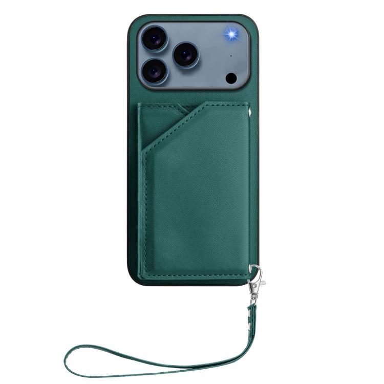 For iPhone 17 Pro Skin Feel Four Card Slots Phone Case with Wrist Strap