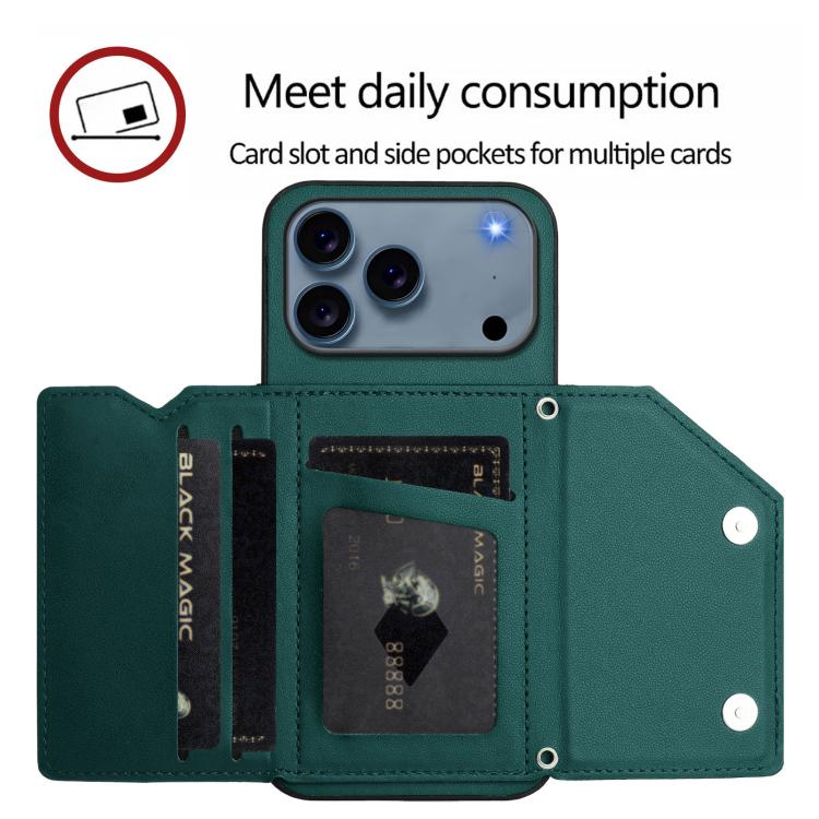 For iPhone 17 Pro Skin Feel Four Card Slots Phone Case with Wrist Strap