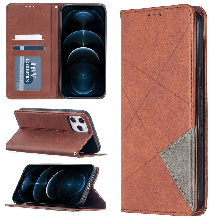 For iPhone 12 Pro Max Rhombus Texture Horizontal Flip Magnetic Leather Case with Holder & Card Slots