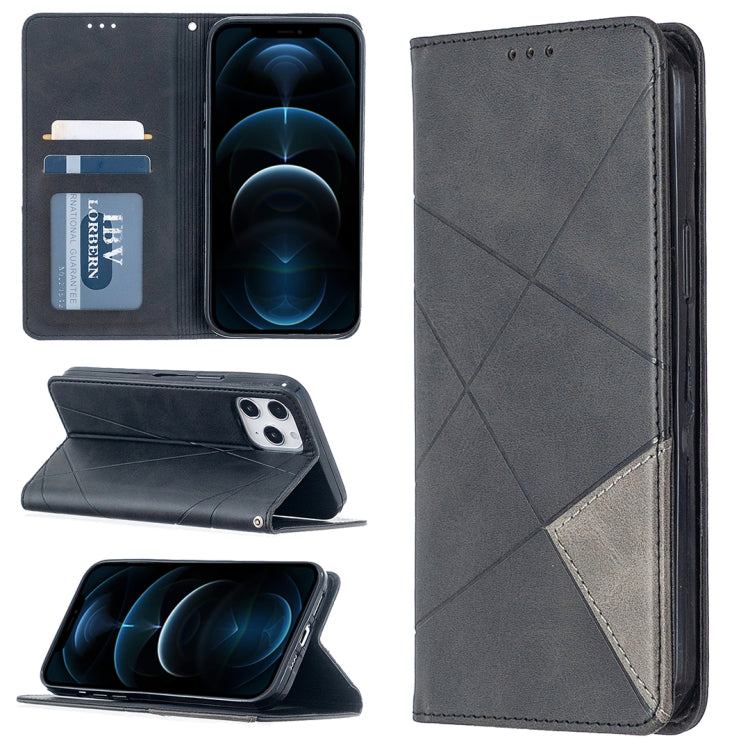 For iPhone 12 Pro Max Rhombus Texture Horizontal Flip Magnetic Leather Case with Holder & Card Slots