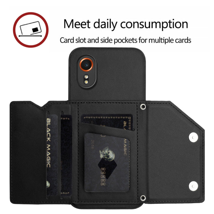 For Samsung Galaxy Xcover 7 Skin Feel Four Card Slots Phone Case with Wrist Strap