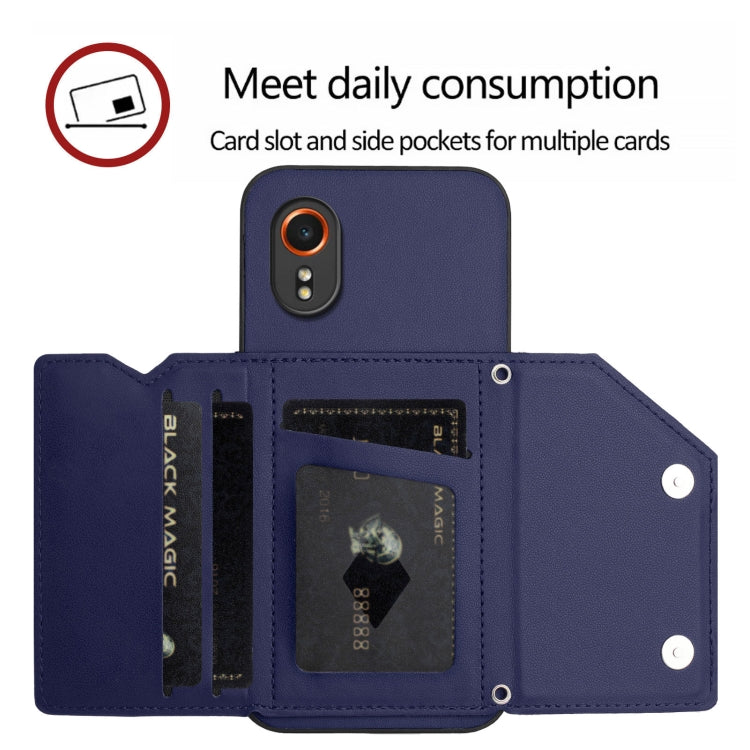 For Samsung Galaxy Xcover 7 Skin Feel Four Card Slots Phone Case with Wrist Strap