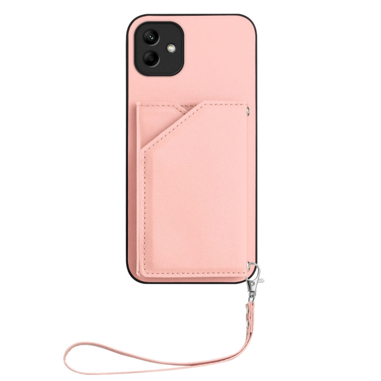 For Samsung Galaxy A04 4G Skin Feel Four Card Slots Phone Case with Wrist Strap