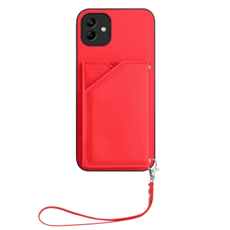For Samsung Galaxy A04 4G Skin Feel Four Card Slots Phone Case with Wrist Strap