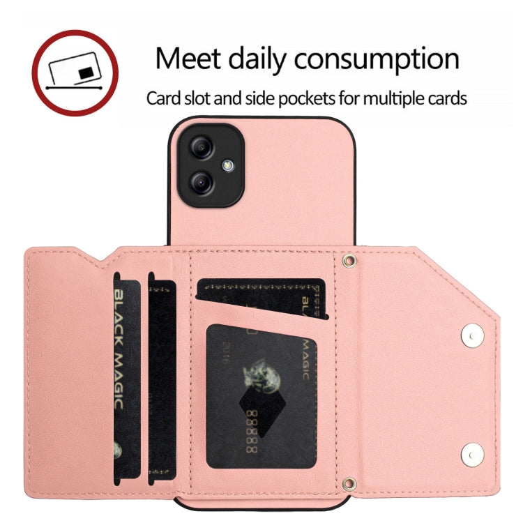 For Samsung Galaxy A04E Skin Feel Four Card Slots Phone Case with Wrist Strap