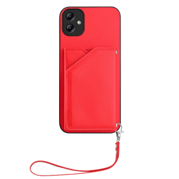 For Samsung Galaxy A04E Skin Feel Four Card Slots Phone Case with Wrist Strap