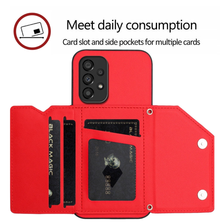 For Samsung Galaxy A33 5G Skin Feel Four Card Slots Phone Case with Wrist Strap