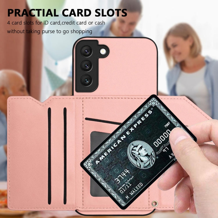 For Samsung Galaxy S21 FE Skin Feel Four Card Slots Phone Case with Wrist Strap