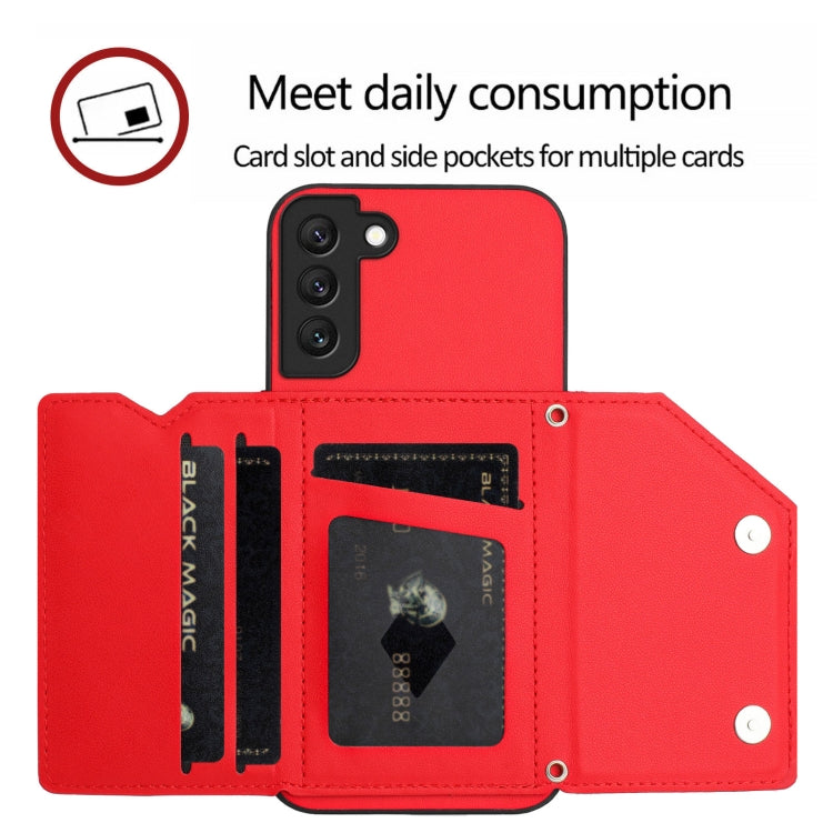 For Samsung Galaxy S21 FE Skin Feel Four Card Slots Phone Case with Wrist Strap