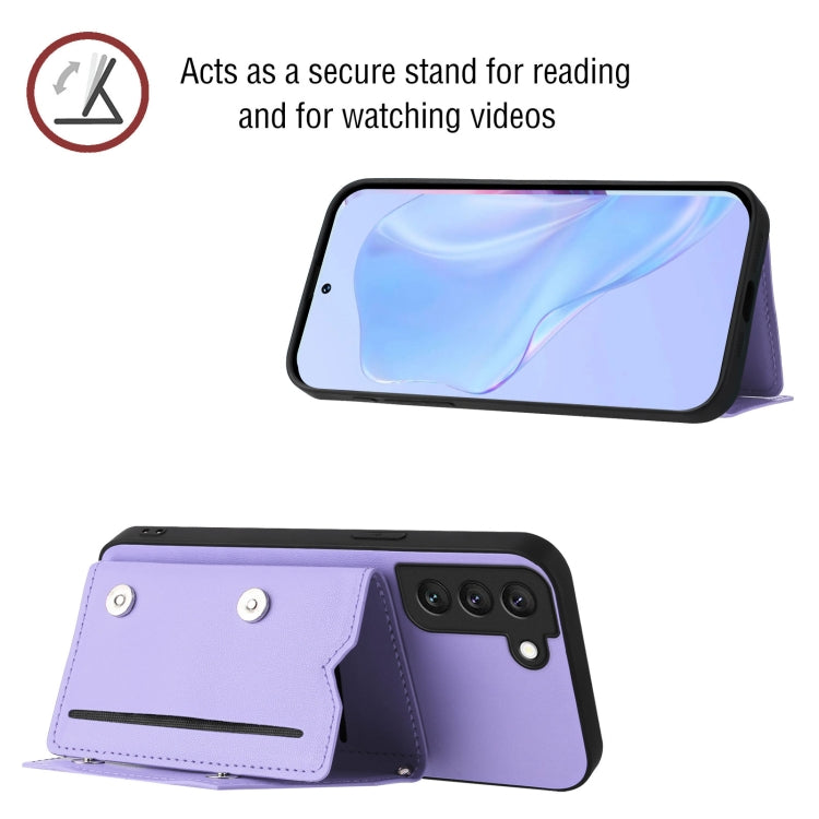 For Samsung Galaxy S22 5G Skin Feel Four Card Slots Phone Case with Wrist Strap