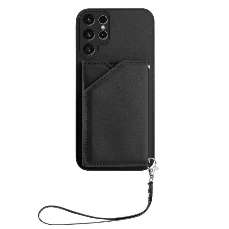 For Samsung Galaxy S22 Ultra Skin Feel Four Card Slots Phone Case with Wrist Strap