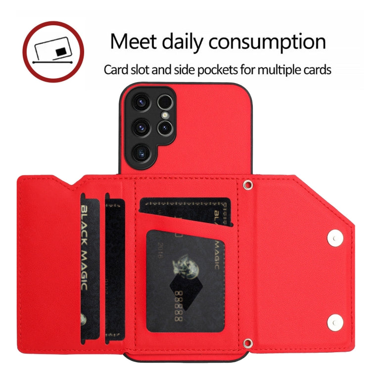 For Samsung Galaxy S22 Ultra Skin Feel Four Card Slots Phone Case with Wrist Strap