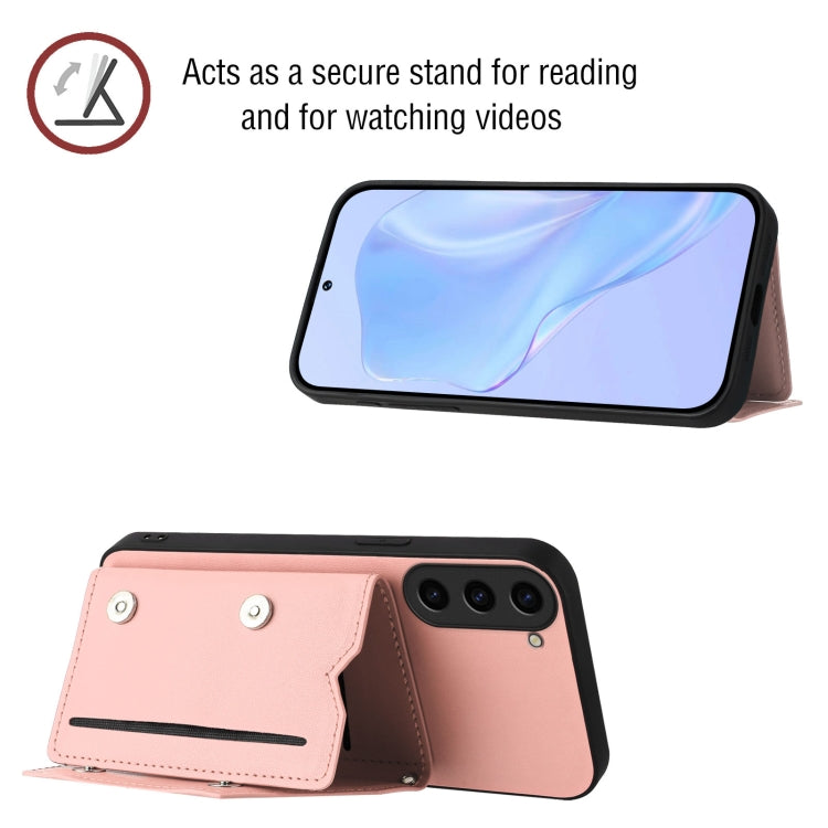 For Samsung Galaxy S23 5G Skin Feel Four Card Slots Phone Case with Wrist Strap