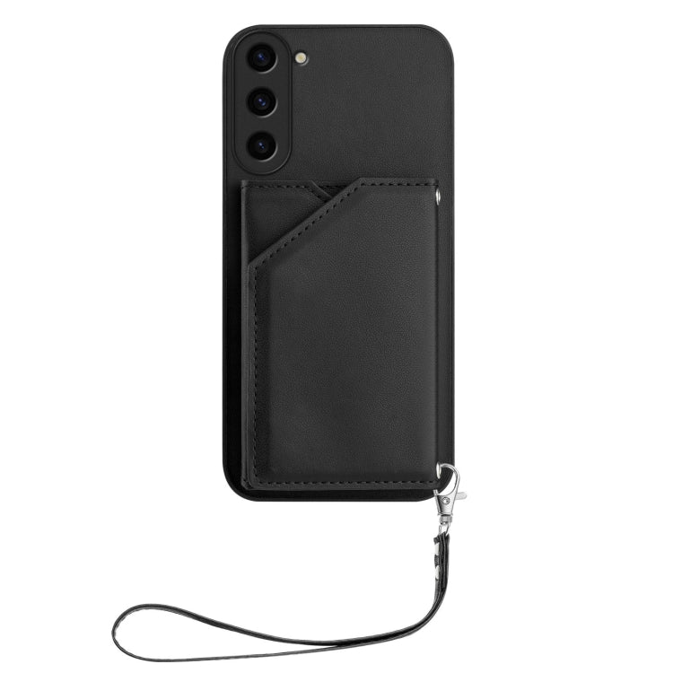 For Samsung Galaxy S23 5G Skin Feel Four Card Slots Phone Case with Wrist Strap