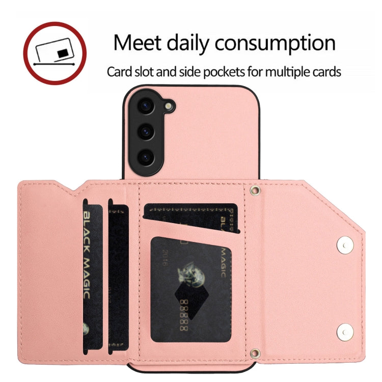 For Samsung Galaxy S23+ 5G Skin Feel Four Card Slots Phone Case with Wrist Strap