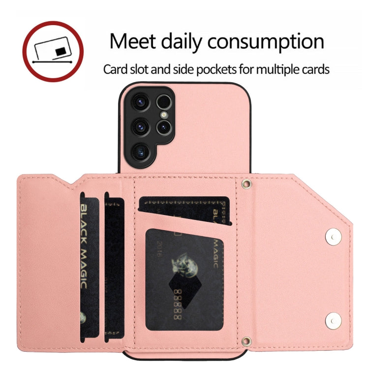 For Samsung Galaxy S23 Ultra 5G Skin Feel Four Card Slots Phone Case with Wrist Strap