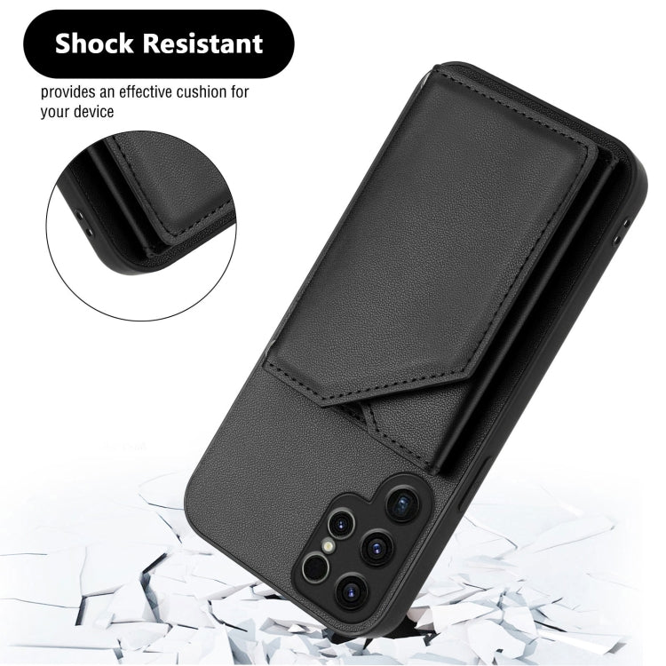 For Samsung Galaxy S23 Ultra 5G Skin Feel Four Card Slots Phone Case with Wrist Strap