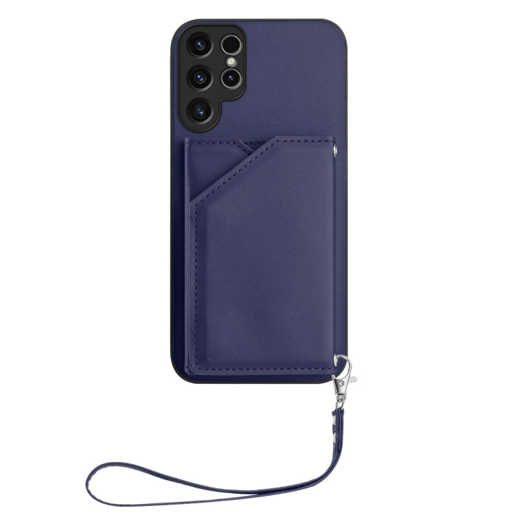 For Samsung Galaxy S23 Ultra 5G Skin Feel Four Card Slots Phone Case with Wrist Strap