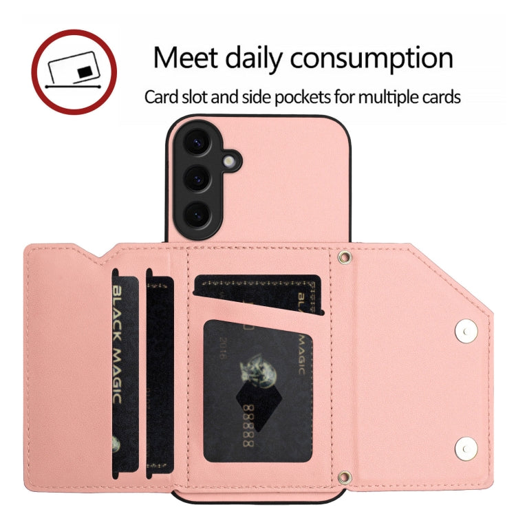 For Samsung Galaxy S24 5G Skin Feel Four Card Slots Phone Case with Wrist Strap