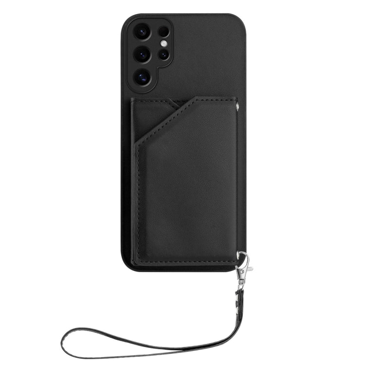 For Samsung Galaxy S24 Ultra 5G Skin Feel Four Card Slots Phone Case with Wrist Strap