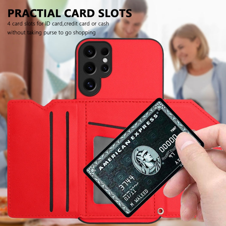 For Samsung Galaxy S24 Ultra 5G Skin Feel Four Card Slots Phone Case with Wrist Strap