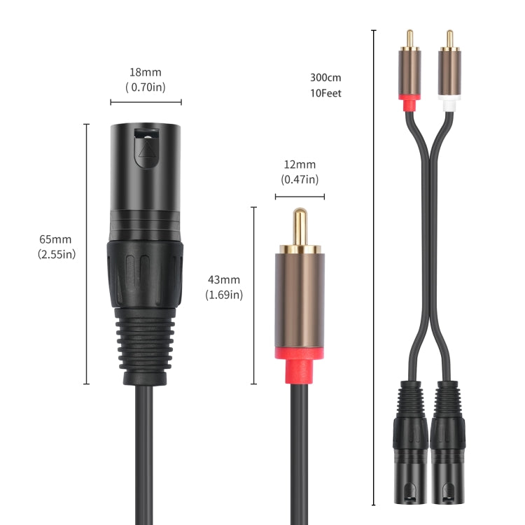2 RCA Male to 2 XLR Male Audio Balance Cable, Length:3m - Black