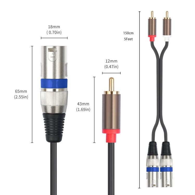 2 RCA Male to 2 XLR 3pin Male Audio Cable, Length:1.5m - Black Silver