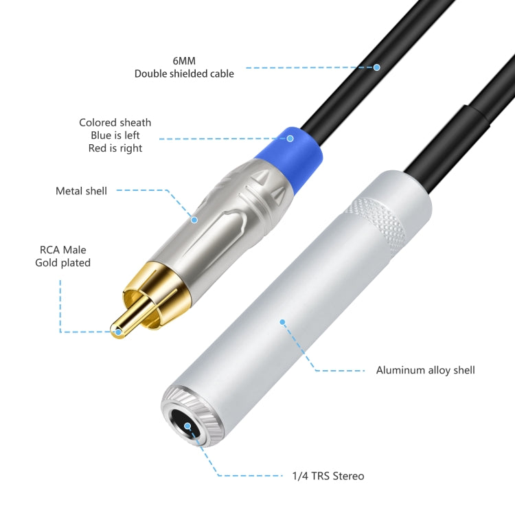 6.35mm 1/4 TRS Stereo Female to Dual RCA Male Y-type Audio Cable, Length:50cm