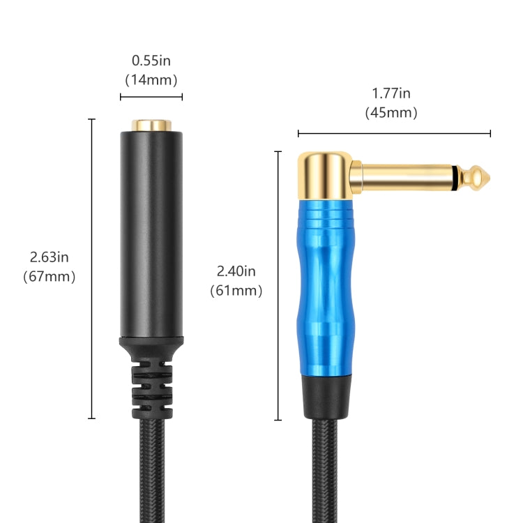 6.35mm 1/4 TRS Male Mono Elbow to Female Electric Guitar Audio Cable, Length:1m - Black Blue