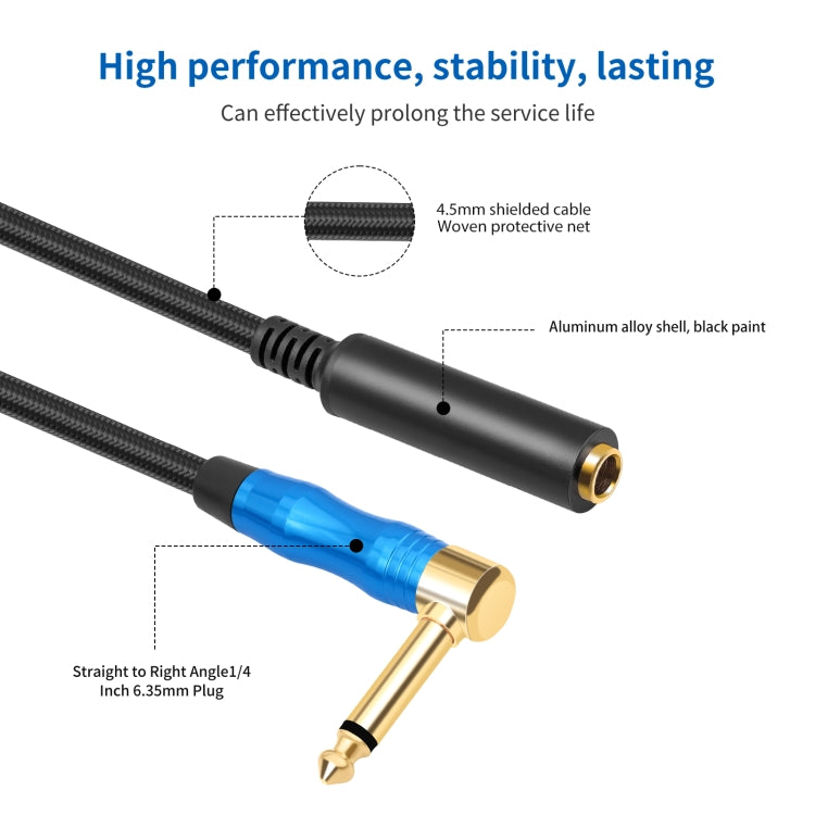6.35mm 1/4 TRS Male Mono Elbow to Female Electric Guitar Audio Cable, Length:1m - Black Blue