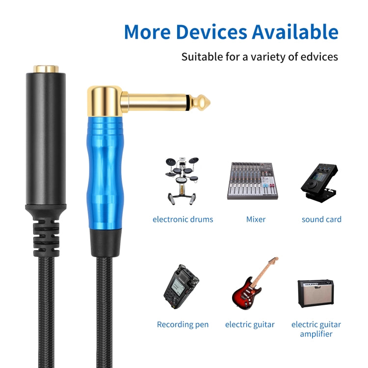 6.35mm 1/4 TRS Male Mono Elbow to Female Electric Guitar Audio Cable, Length:1m - Black Blue