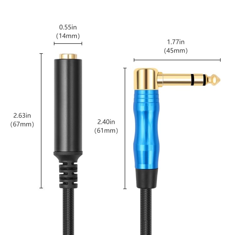 6.35mm 1/4 TRS Male Stereo Elbow to Female Electric Guitar Audio Cable, Length:0.3m - Black Blue
