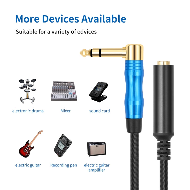 6.35mm 1/4 TRS Male Stereo Elbow to Female Electric Guitar Audio Cable, Length:1m - Black Blue
