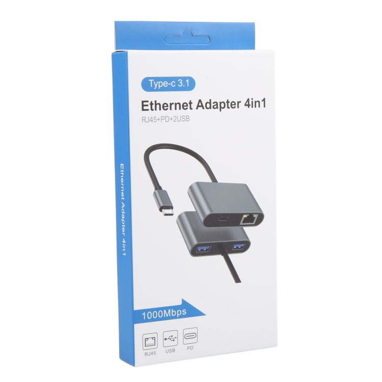 4 in 1 USB-C / Type-C 3.1 to RJ45, PD and USB x 2 Ethernet Adapter Cable - Grey