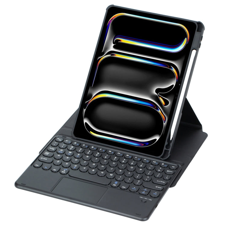 For iPad Pro 11 2024 YL13-A 360 Rotation Acrylic Transparent Round Keycap Bluetooth Keyboard Leather Case With Touch Control