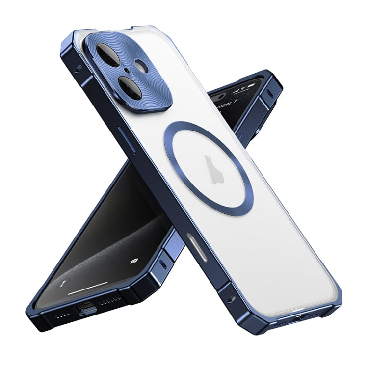 For iPhone 16 Irregular Alloy Frame Fosted Translucent MagSafe Phone Case