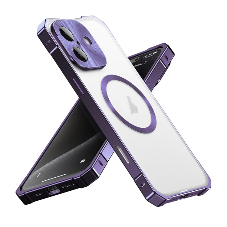 For iPhone 16 Irregular Alloy Frame Fosted Translucent MagSafe Phone Case