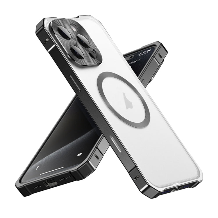 For iPhone 16 Pro Irregular Alloy Frame Fosted Translucent MagSafe Phone Case