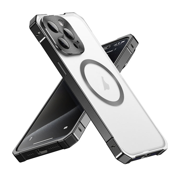 For iPhone 15 Pro Max Irregular Alloy Frame Fosted Translucent MagSafe Phone Case