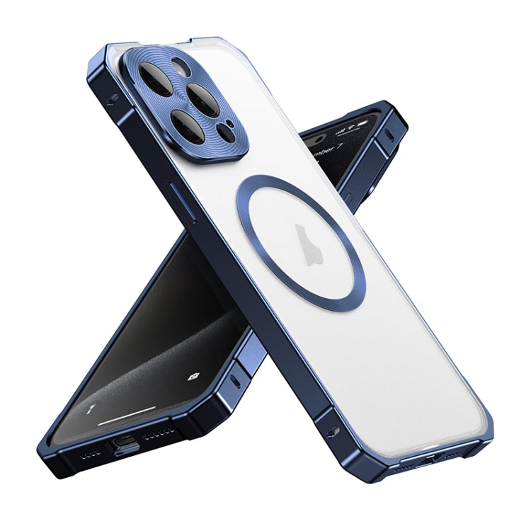For iPhone 15 Pro Max Irregular Alloy Frame Fosted Translucent MagSafe Phone Case