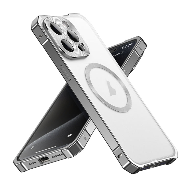For iPhone 15 Pro Max Irregular Alloy Frame Fosted Translucent MagSafe Phone Case