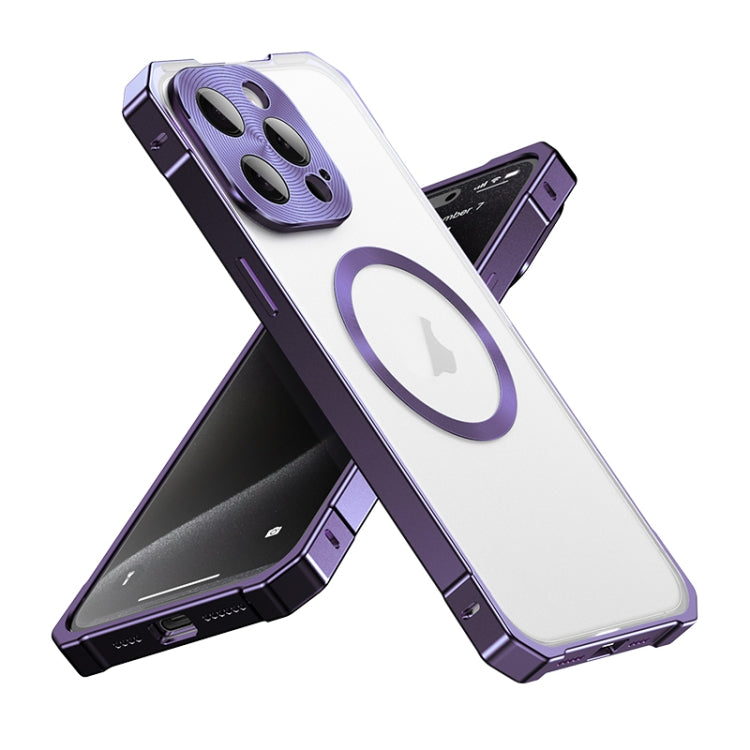 For iPhone 15 Pro Irregular Alloy Frame Fosted Translucent MagSafe Phone Case