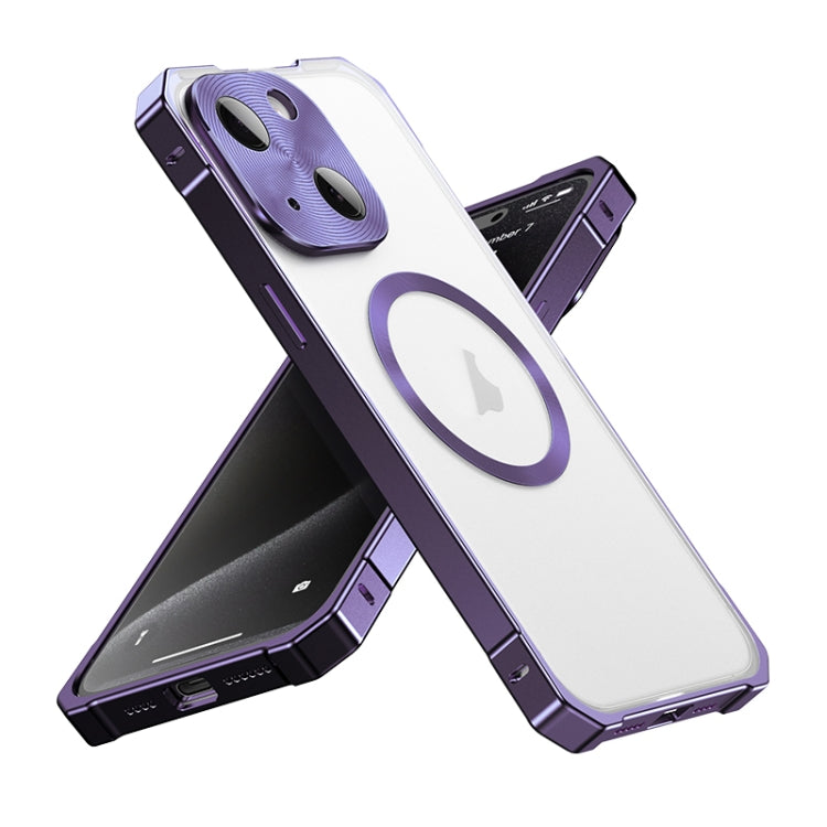 For iPhone 15 Irregular Alloy Frame Fosted Translucent MagSafe Phone Case